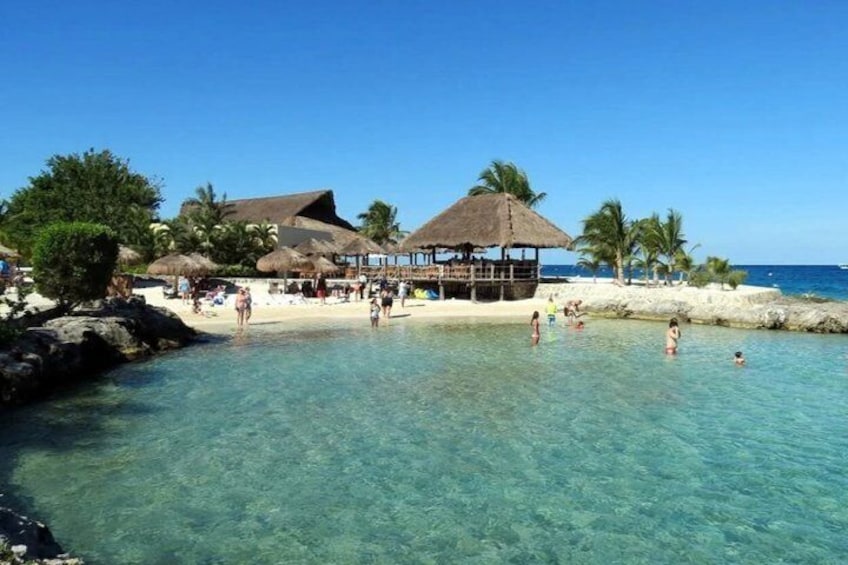 Una playa tropical con agua cristalina, palmeras y una estructura de techo de paja. 1