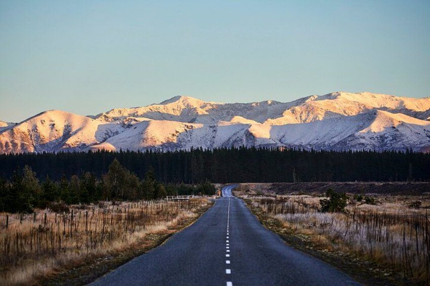 A road leading towards snow-capped mountains with a forest on either side. 3