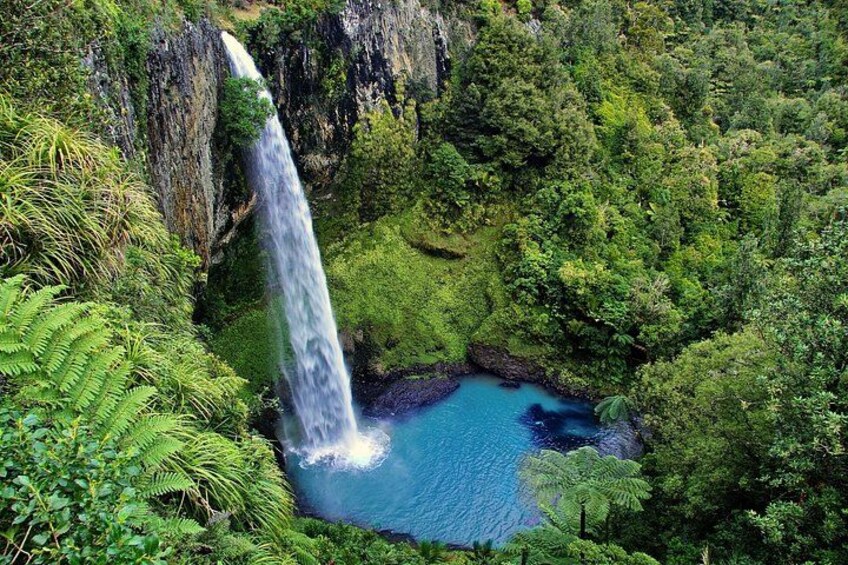 A waterfall cascading into a clear blue pool surrounded by lush greenery. 4