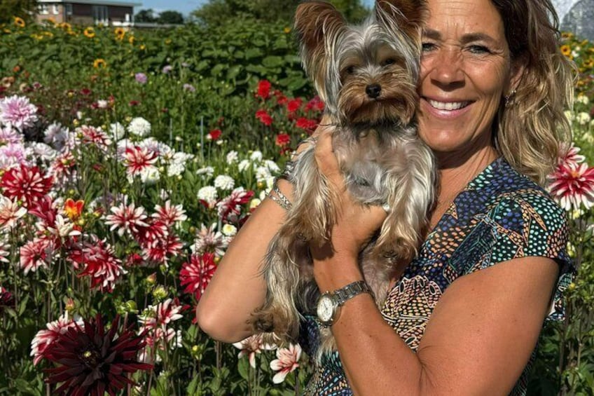 Eine Person hält einen kleinen Hund in einem Garten mit verschiedenen Blumen. 3