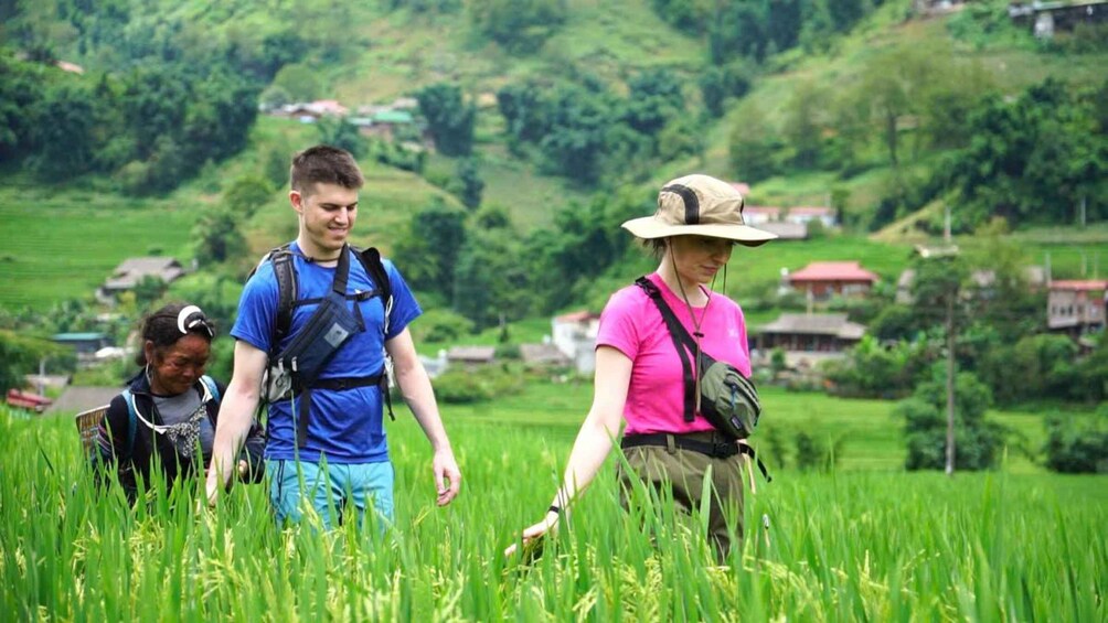 Three people hiking through a lush green field with a hilly landscape in the background. 1