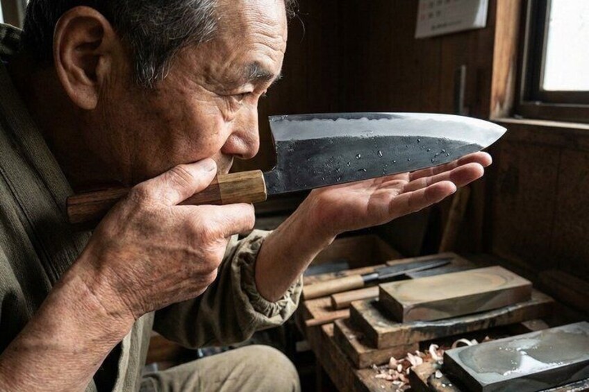 A person holding a large, curved knife. 4