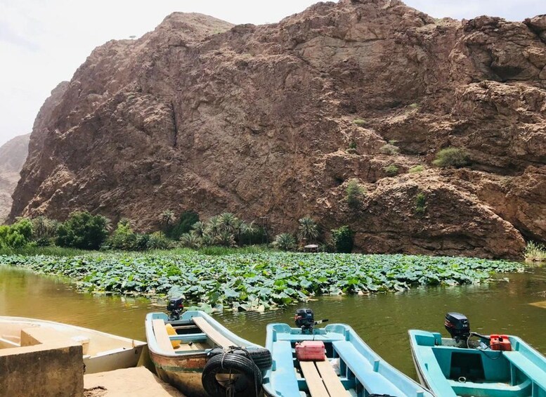 A river with boats and a rocky cliff in the background. 2