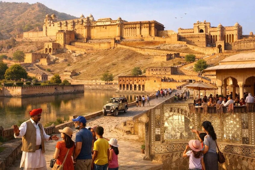 A historic fort with a river in the foreground, tourists, and a jeep on the bridge. 5