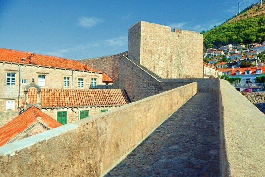 Una fortezza in pietra con una rampa, edifici adiacenti con tetti in tegole rosse e un pendio con case. 1