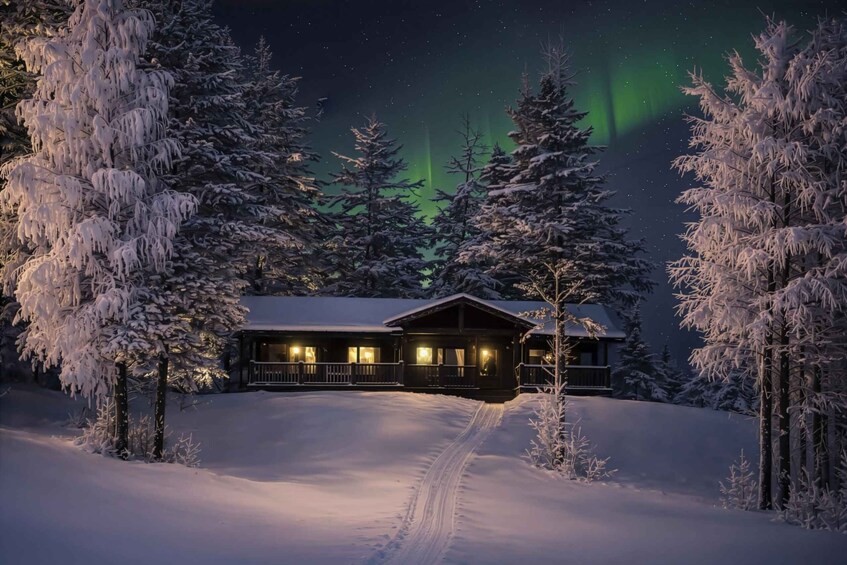 A snow-covered lodge with a path leading to it, surrounded by trees, under a night sky with the aurora borealis. 1