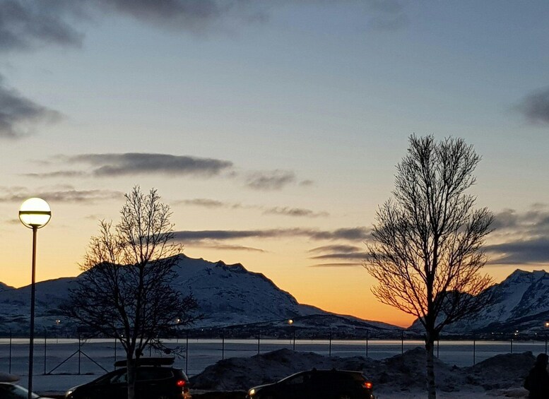 A sunset over a snow-covered landscape with mountains in the background and bare trees in the foreground. 5