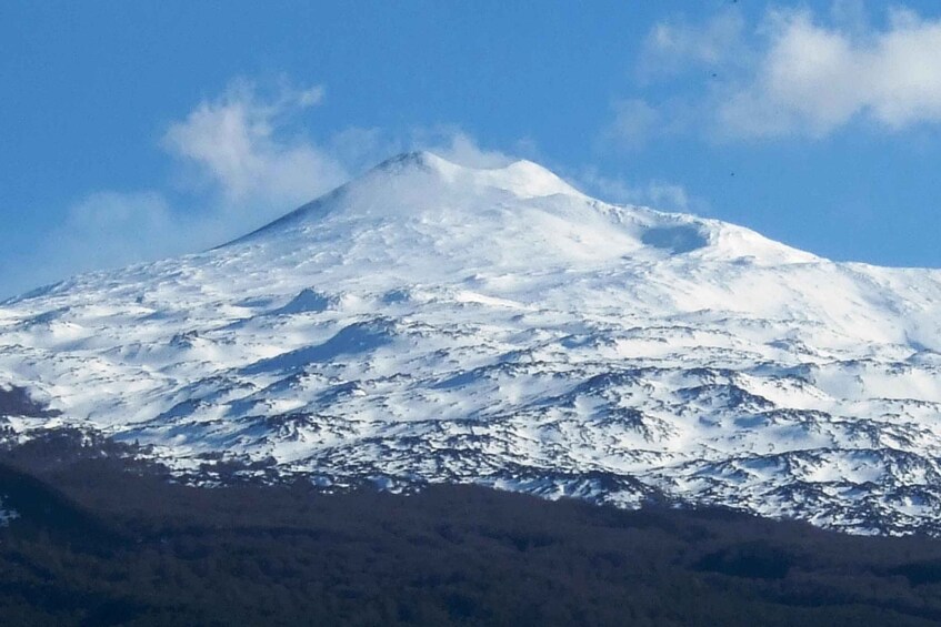 A snow-covered mountain with a peak and forested base. 2