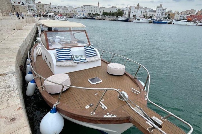 Een kleine boot afgemeerd aan een steiger met een houten dek, kussens en een witte boei. 4