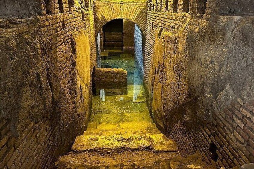 Un estrecho pasaje de ladrillo con arco, con un canal de agua que lo atraviesa. 4
