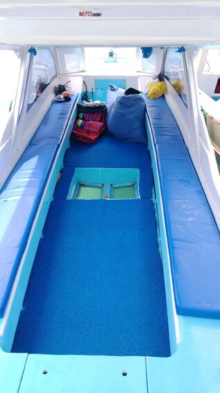 A narrow, blue-floored passageway with a door at the end, surrounded by walls and a ceiling. 3