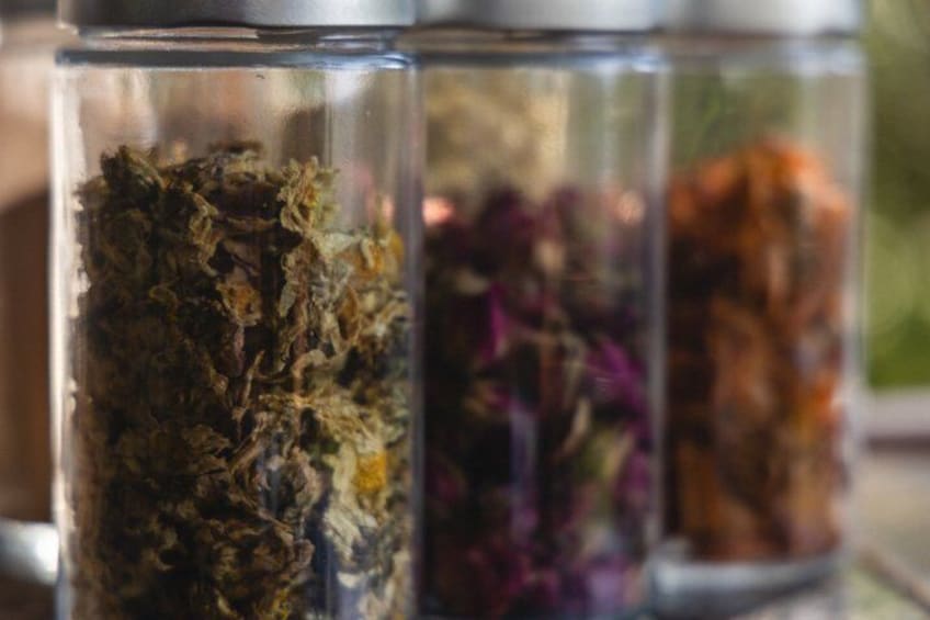 Une rangée de récipients en verre contenant des herbes et des fleurs séchées. 5