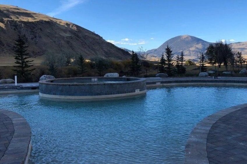 A swimming pool with a circular design, surrounded by trees and mountains in the background. 5