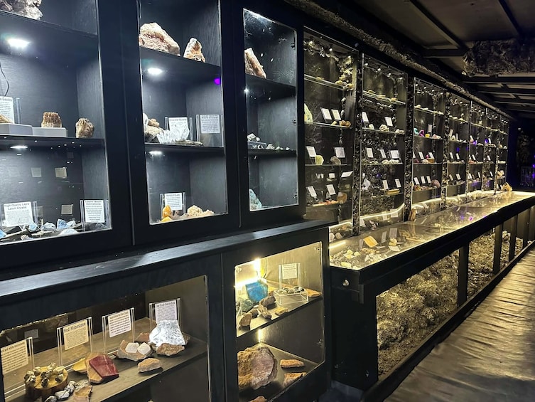 Una exhibición de museo con diversas muestras de minerales y gemas. 2