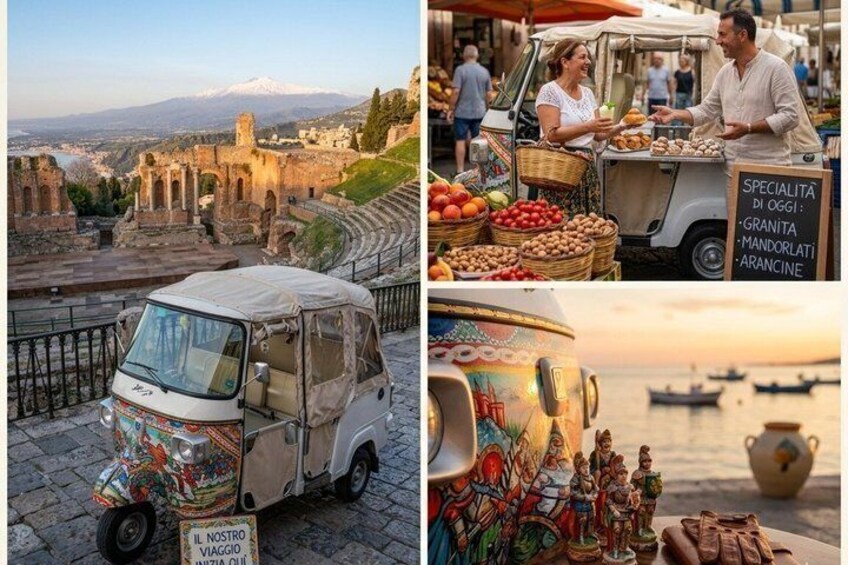 Scena di mercato con un'auto d'epoca, un carretto di venditore e una vista panoramica di rovine. 5