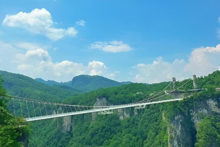 A suspension bridge over a deep gorge with steep cliffs and dense greenery. 5