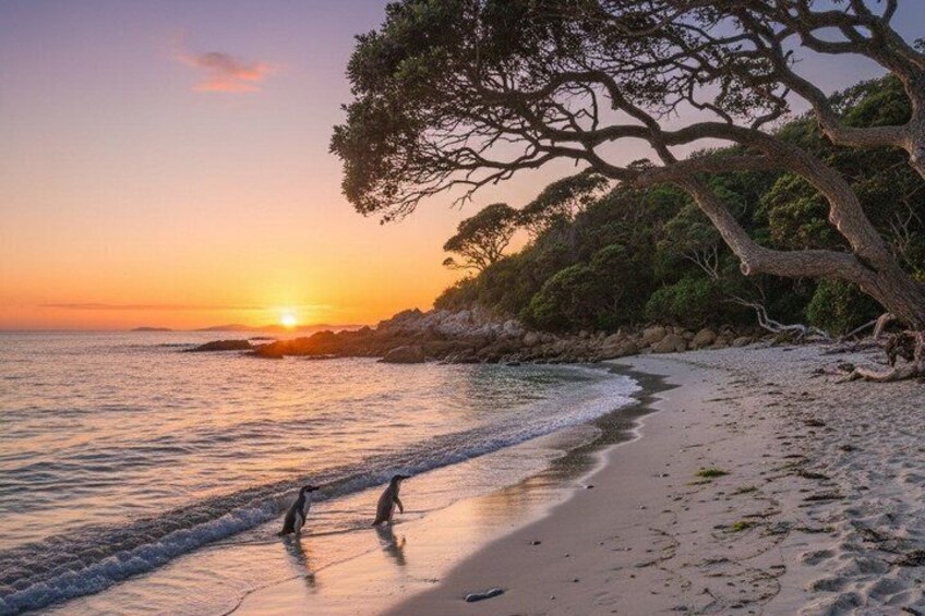 A beach at sunset with waves, a large tree, and footprints. 1