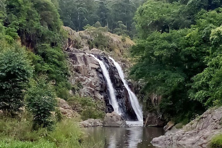 Una cascada se precipita por un risco rocoso rodeado de vegetación exuberante. 4