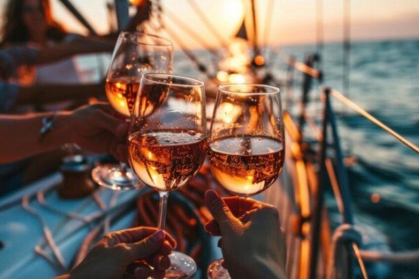 Two glasses of a clear liquid, possibly wine, on a boat with a sunset in the background. 1
