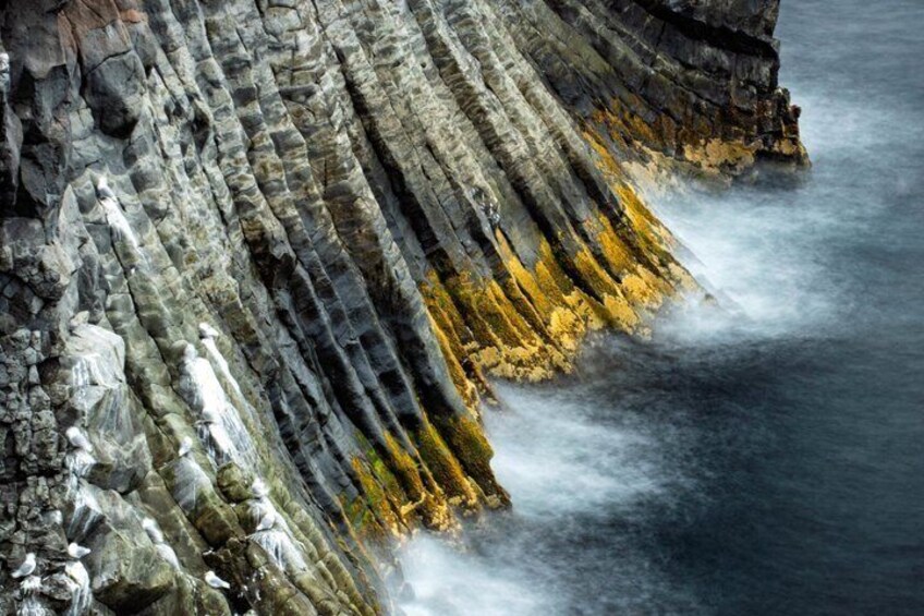 A coastal rock formation with layered strata and yellow lichen. 3