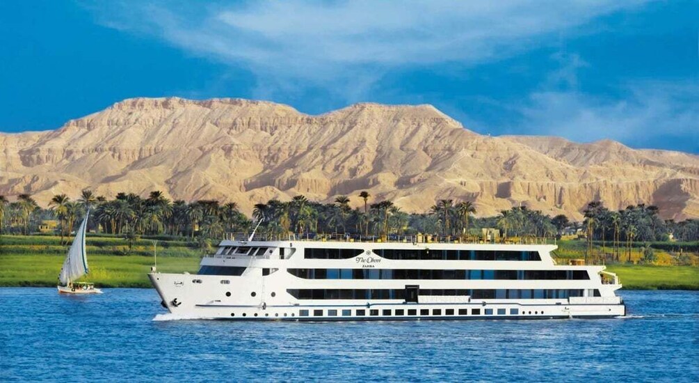 A large white cruise ship on water with palm trees and a desert mountain in the background. 2