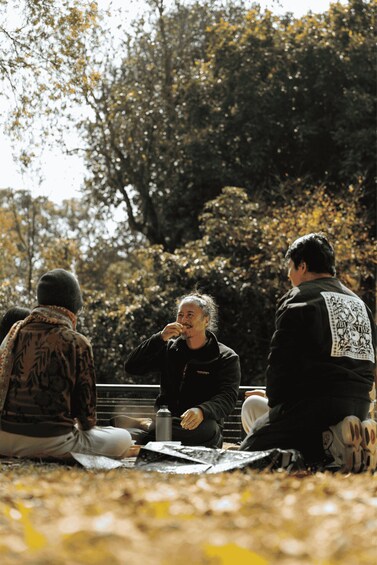 Three people sitting on the ground outdoors, surrounded by trees and fallen leaves. 5