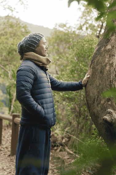 A person wearing a blue jacket and a knitted hat, touching a tree trunk in a wooded area. 1