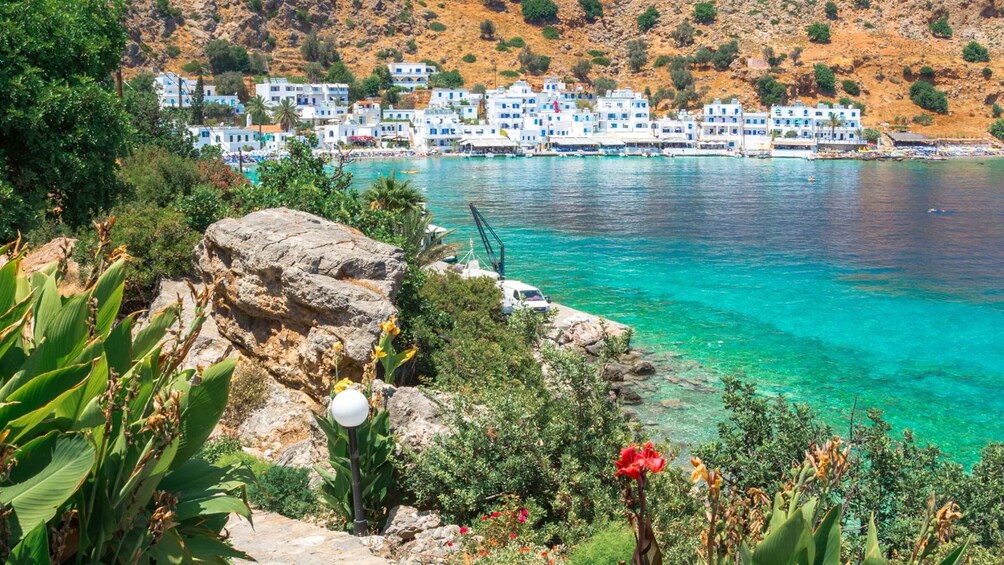 A coastal village with white buildings, clear turquoise waters, and lush greenery. 1