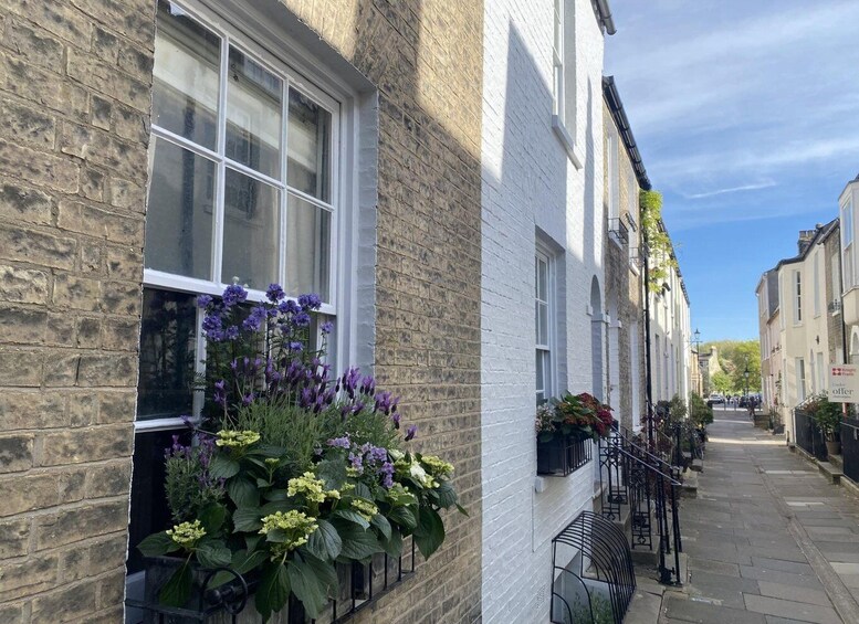 A narrow street with white brick buildings, flower boxes with purple and yellow flowers, and a clear blue sky. 3