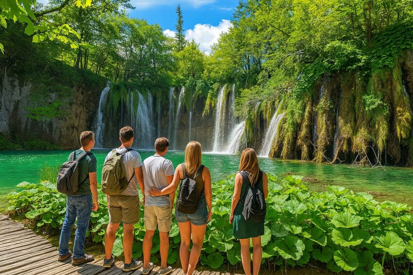 A group of people standing on a wooden deck overlooking a waterfall and a clear lake surrounded by lush greenery. 1
