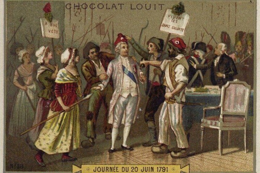 A historical scene with people in period costumes, a sign reading 'CHOCOLAT LOUIT,' and a date 'JOURNEE DU 20 JUIN 1791.' 4