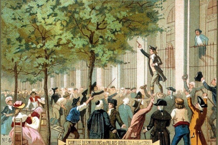 A historical scene with people in period clothing, trees, and a building with columns. 2