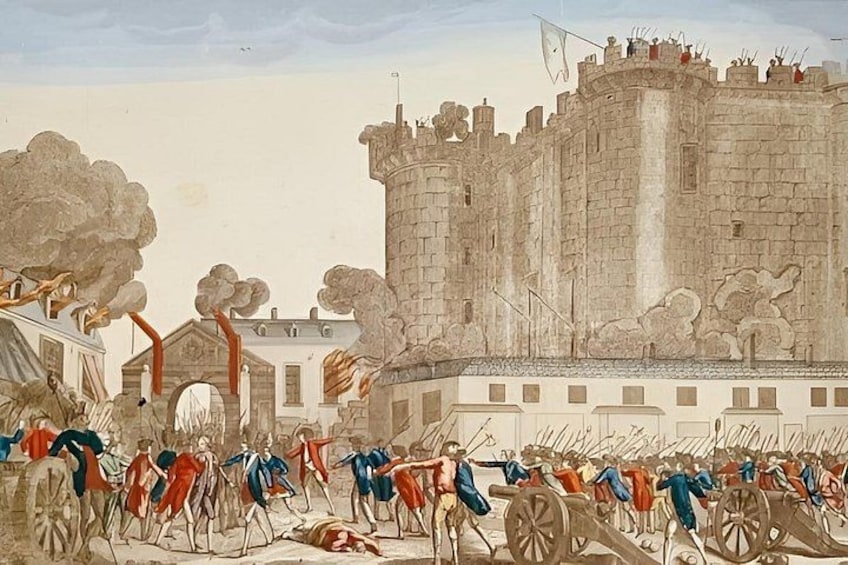 A historical battle scene with soldiers, a castle, and smoke. 3