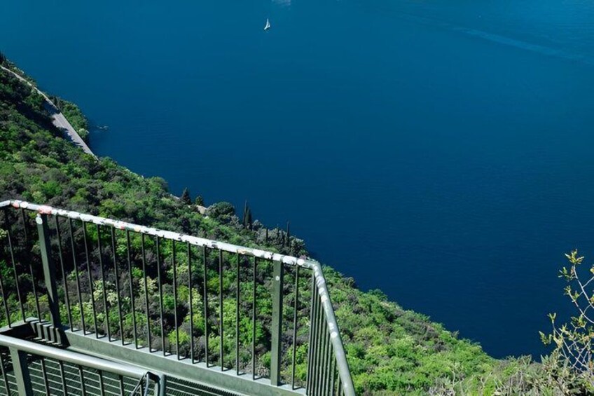 A coastal landscape with a metal railing overlooking a body of water. 3