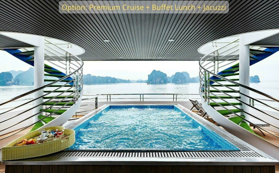 A cruise ship's outdoor swimming pool with a view of the sea and islands. 3