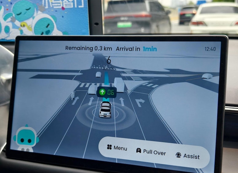 A car navigation screen with a route, a speed limit sign, and a time display. 2