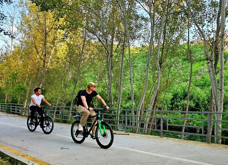 Two cyclists on a paved path with a metal railing, surrounded by trees and greenery. 4