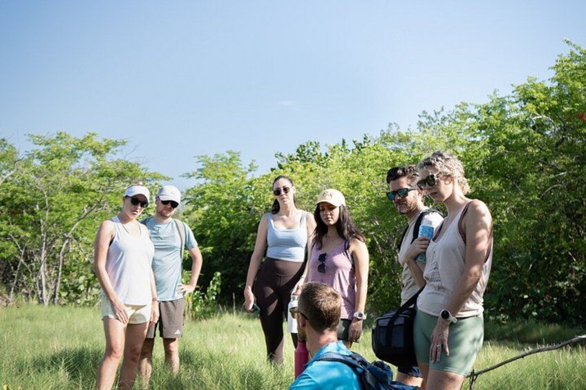 Un grupo de personas de pie en un campo con árboles al fondo. 3