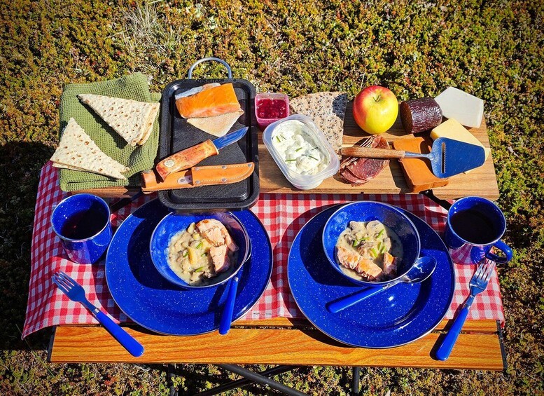 An outdoor picnic with food and drinks on a checkered tablecloth. 4