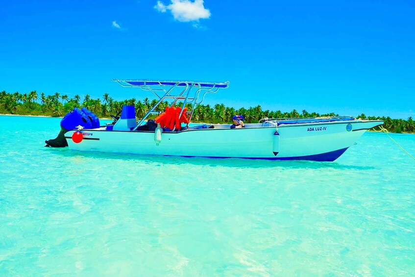 A boat named ADA LUZ-IV on clear turquoise water with a backdrop of palm trees. 1