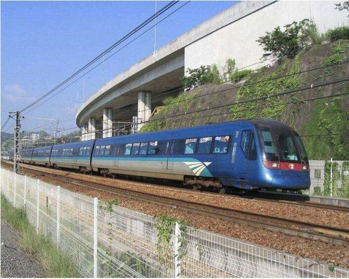 A blue train on tracks with a bridge overhead. 3