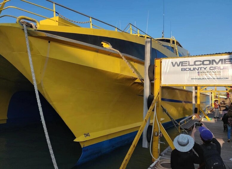 A large yellow and blue ship docked at a port with a sign reading 'WELCOME BOUNTY CRUISES'. 5