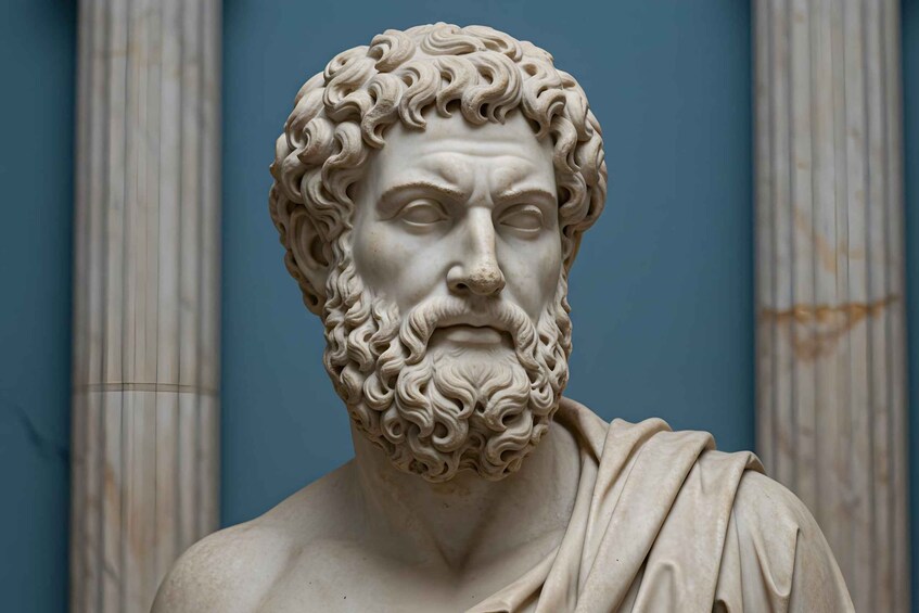 A marble bust with curly hair and a beard, draped in a toga, against a blue wall with vertical columns. 5