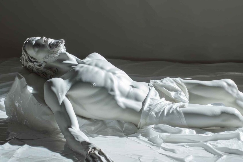 A sculpture of a reclining figure on a bed. 4