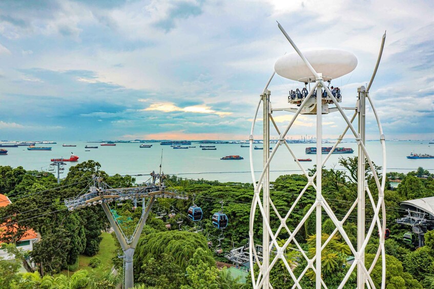 A cable car system, a water body with ships, and a coastal cityscape. 4