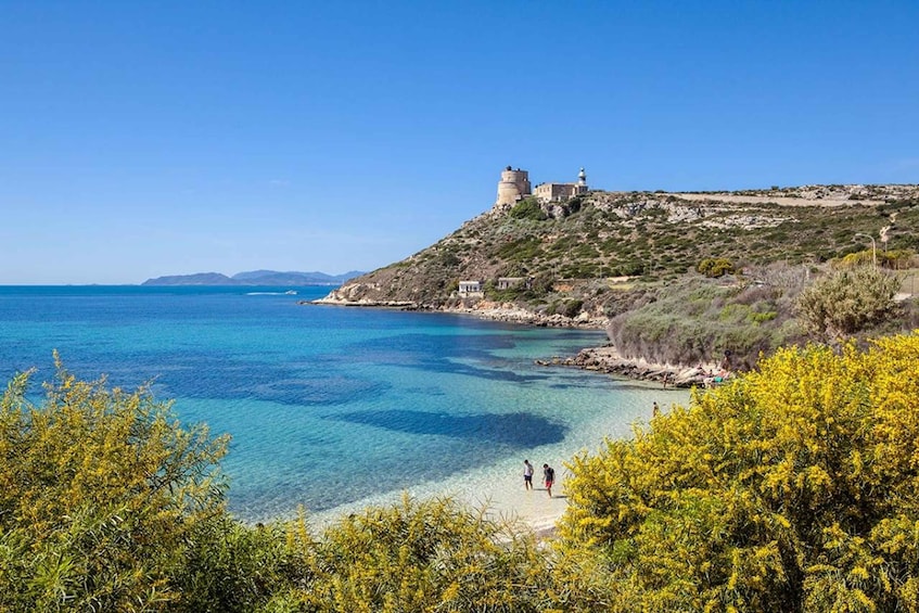 A coastal landscape with clear blue waters, a hilltop with a tower, and dense greenery in the foreground. 3