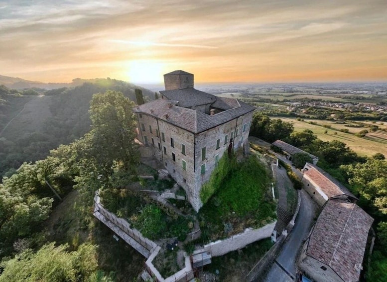 A historic stone castle on a hill with a surrounding moat and lush greenery. 4