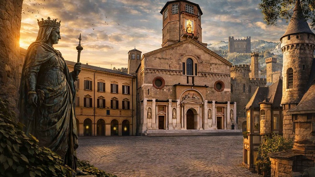 A medieval town square with a church, a statue, and castle ruins in the background. 1