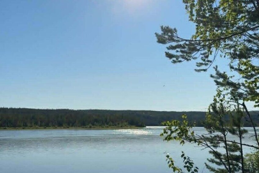 A calm lake with a forested shoreline and a clear sky. 5