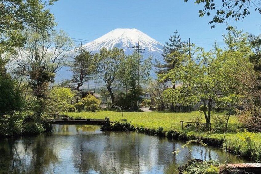A pond, trees, a small bridge, and a mountain in the background. 1